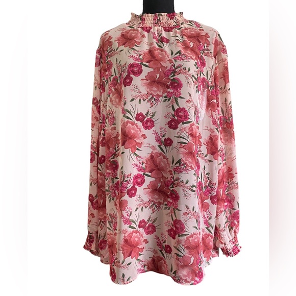 NWOT Torrid Shiffon Smocked Mock Neck Floral Pink Sheer Blouse  Size 4 - Picture 13 of 13
